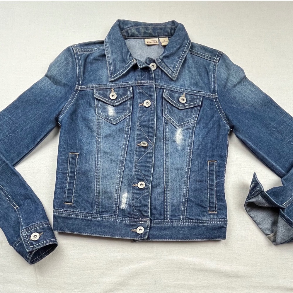 Mudd Womens Distressed Denim Trucker Jacket Medium Wash Blue Small
